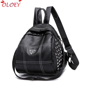 

PU soft leather Shiny rivet Small Backpack for Teenage girls Women's Travel Knapsack Thread Waterproof Black Crossbody Bag Sport