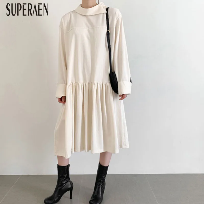 SuperAen осеннее и зимнее женское платье, новинка, хлопковое повседневное женское платье с длинным рукавом, однотонное женское платье с длинным рукавом