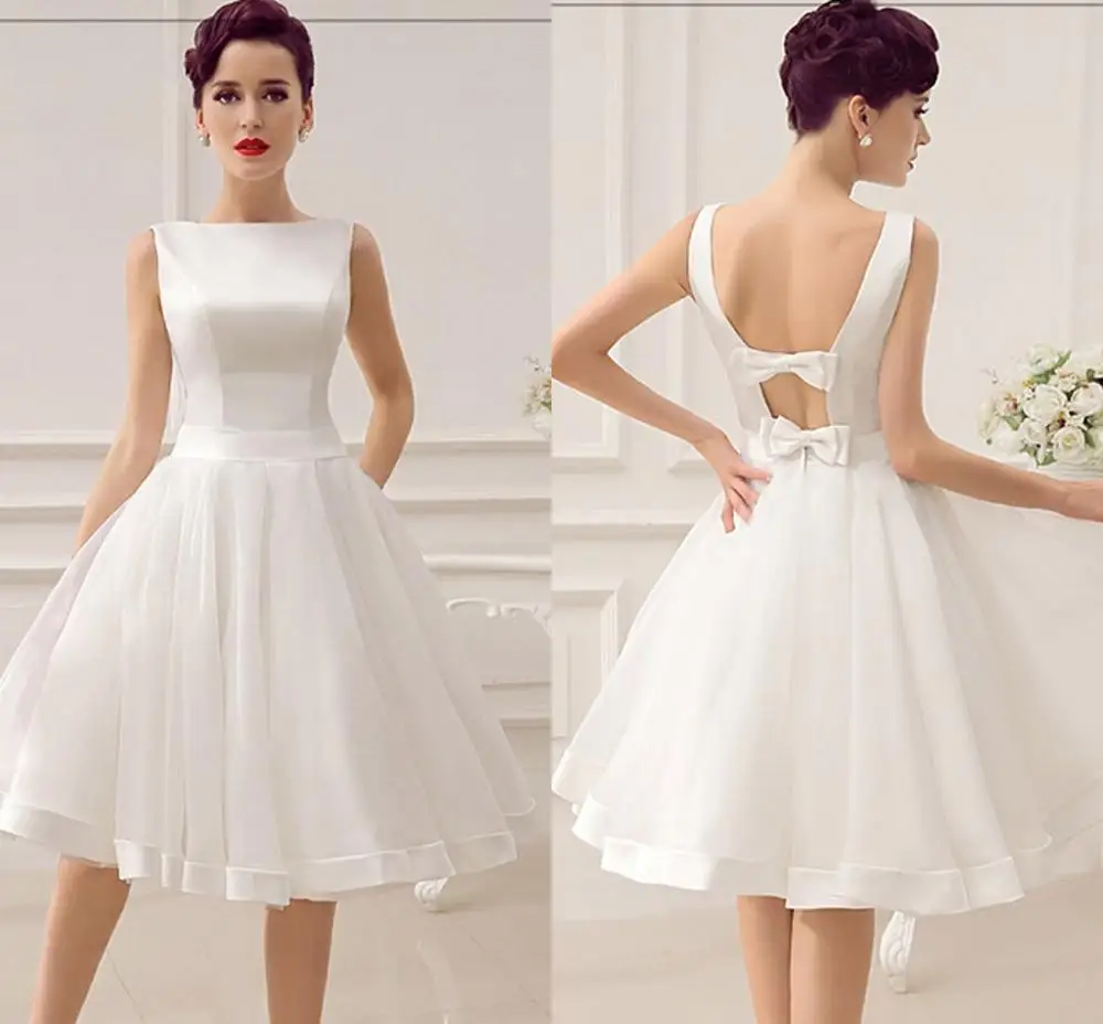 

Vestidos de Noiva Short Wedding Dresses Vintage Bridal Dress 1950s Bateau Sleeveless Reception Bridal Gown