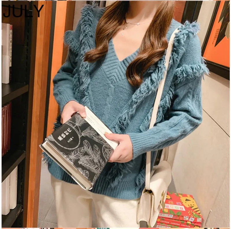 Women Sweater 2019 Autumn New Fashion Loose V-neck Long Sleeve Tassel Casual Soft Sweater  Sweater Women Wild