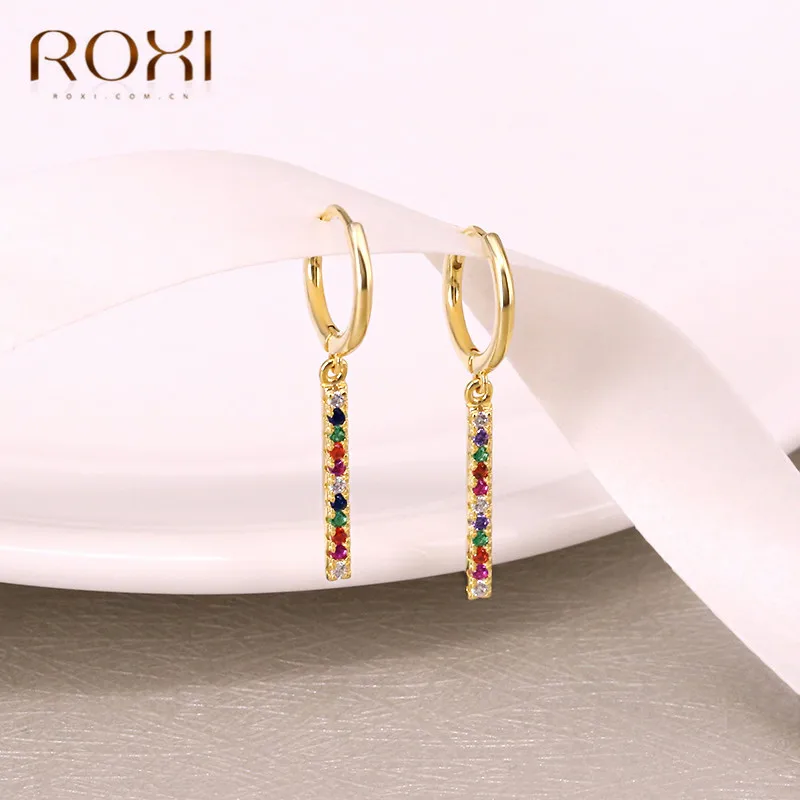ROXI, простой дизайн, 925 пробы, Серебряные длинные серьги, Золотая Радуга, CZ Huggie, ювелирные изделия для женщин, дешевые корейские сережки-шпильки, Brincos