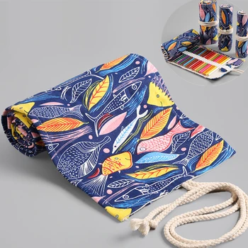 

Multicolored Fish Printing Handmade Canvas Craft Pen Curtain12/24/36/48 Holes Large Capacity Rolling Pen Bag Stationery Bag