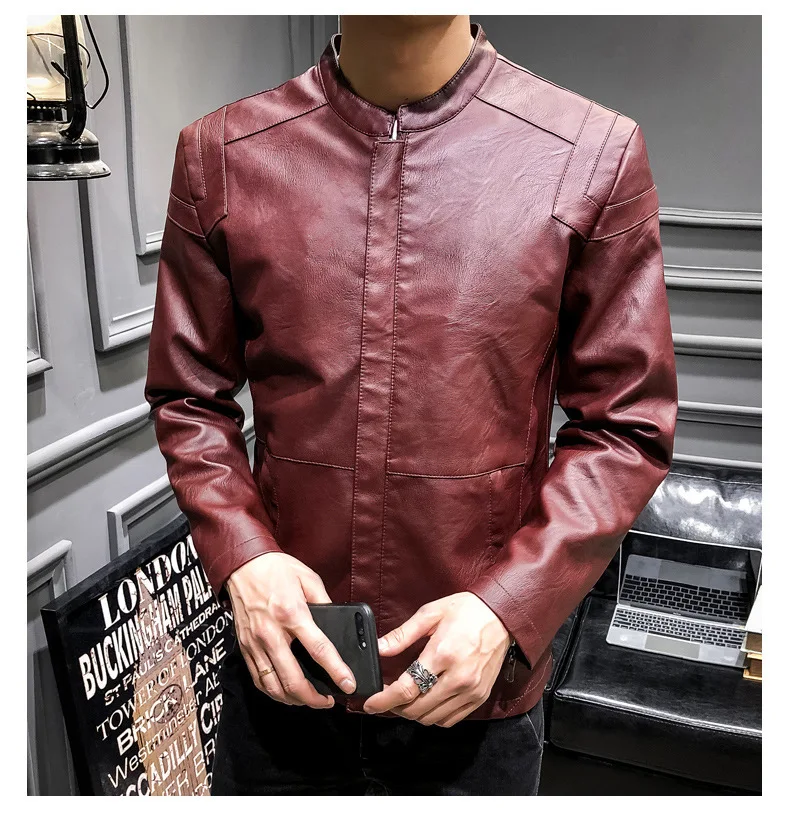 Autumn New Style Stand Collar Leather Coat Men's Slim Fit Korean-style Thin MEN'S Leather Jacket PU Leather MEN'S Coat