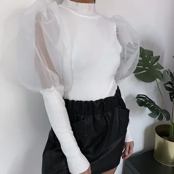 

Women's Puff Sleeve Turtlenck Blouse Tops Sexy Knit Mesh Patchwoark Blouses Woman 2020 Spring Fashion Slim Clothes Female Mujer