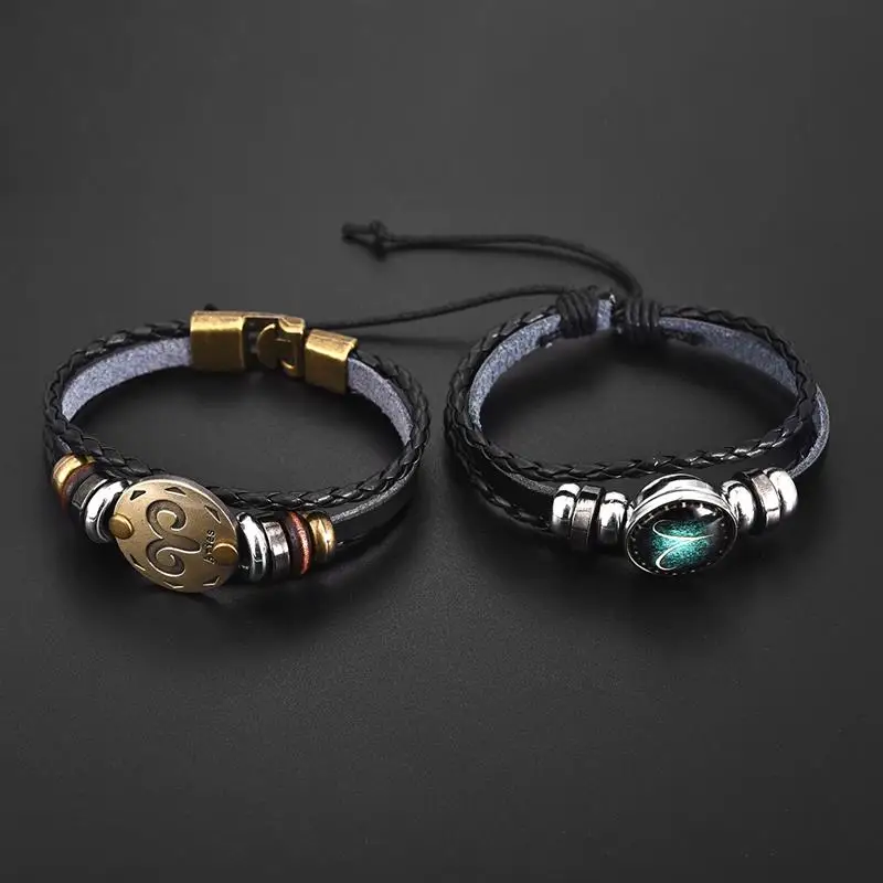 2pcs 12 Constellation Bracelet  Zodiac Sign Black Braided Leather Bangle Aries Leo Libra Luminous Dome Jewelry Punk Men Bracelet