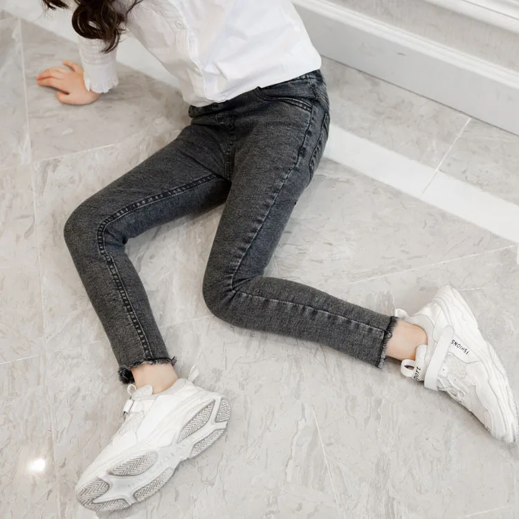 

2019 Spring New Style Middle And Large Girls Foot Mouth Burr Elasticity Childrenswear Child Jeans Trousers Pants Flash Soft Spot