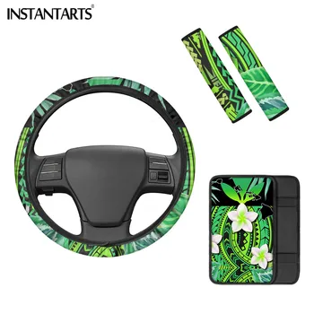 

INSTANTARTS Polynesian Plumeria Banana Leaves Print Car Seat Belt Cover Non-slip Steering Wheel Covers Elastic Armrest Box Cover