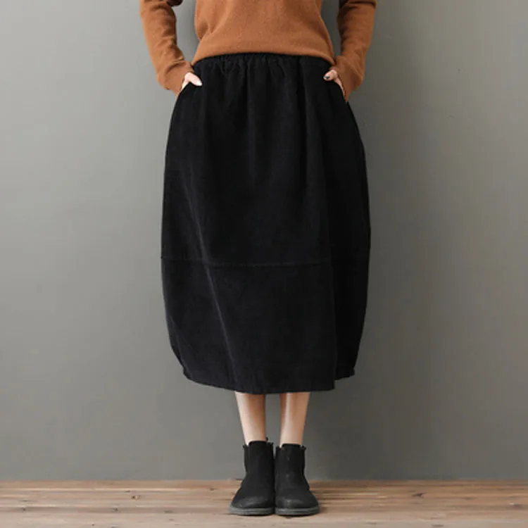 Женская юбка осень зима большой размер длинная Вельветовая юбка Новая Женская эластичная талия карман Ретро Повседневная Свободная юбка Мори для девушки - Цвет: Черный