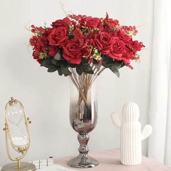 

13 Rose Pink Red Silk Colorful Artificial Flowers Bouquet DIY Wedding Fake Rose Flower for Home Wedding Garden Decoration Indoor