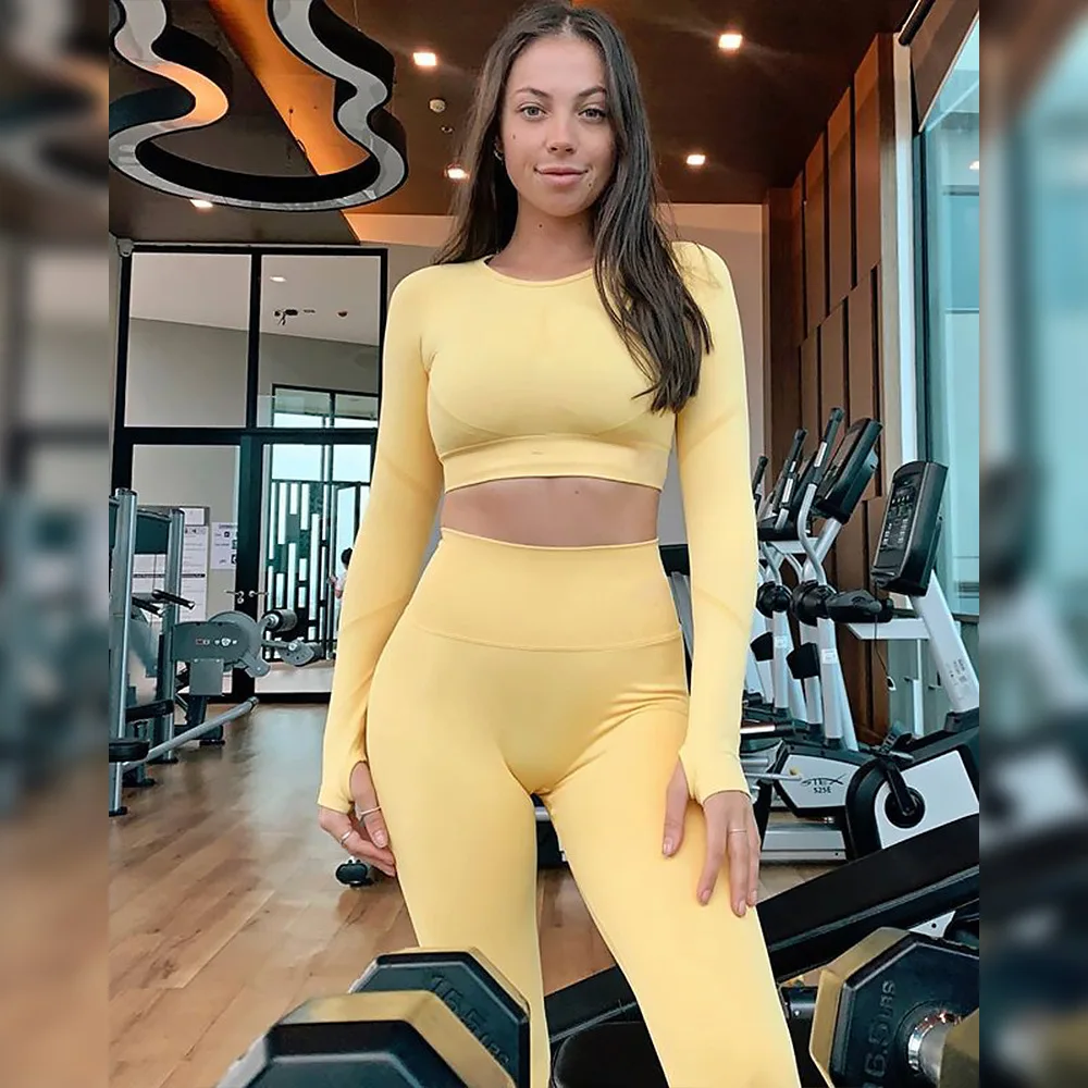 

2 Piece Set Seamless 2020 Autumn Long Sleeve Top And Leggings Sports Women Running Hip Fitness Gym Workout Suit Femme
