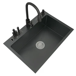 60x45cm Nano Kitchen Sink Single Sink with Knife Holder Hand-thickened 304 Stainless Steel Black Washbasin Kichen Sink ATR82