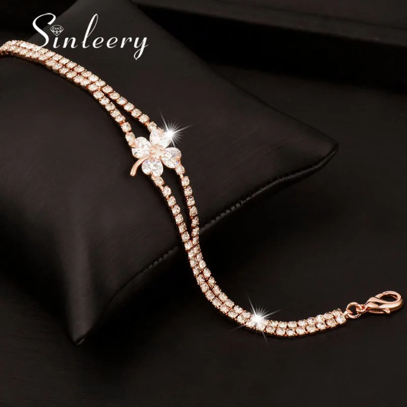 SINLEERY, очаровательные, полностью кубические циркония, четырехлистный цветок, браслеты, браслет для женщин, розовое золото, цвет, ювелирные изделия Sl243 SSB