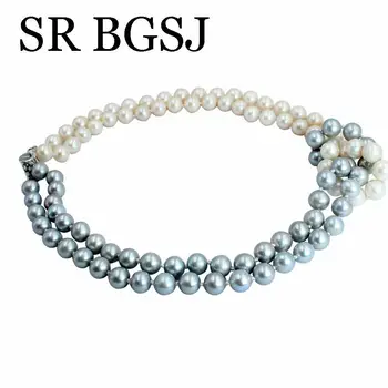 

Free Shipping 8-9mm 3A Round White&Gray Freshwater Pearl Knot 2-Strand Women Jewelry Necklace 18"