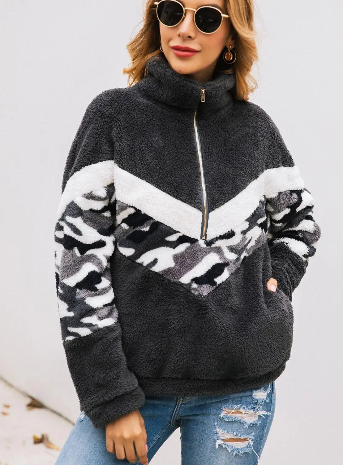 

Fashion Camouflage Patchwork Zipper Flannel Sweatshirts Top 2019 Autumn Winter New Women Clothes Long Sleeve Keep Warm Top Coats