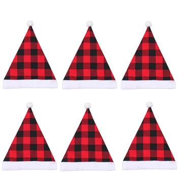 

Christmas Hat for Santa Claus Black and Red Plaid Christmas Hat with Hairball Xmas Cap Ornament for Party New Year Decor