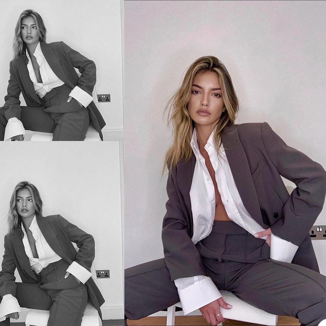 England Style Women 2 Pieces Suits Shawl Lapel Blazer