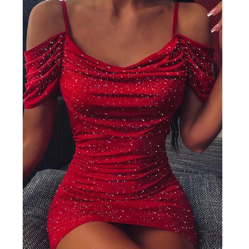 Short Sleeve Red Новинка, блестящие вечерние платья без бретелек, женское весеннее облегающее платье с завязками, Осеннее Плиссированное Короткое мини-платье с длинным рукавом - Цвет: Short Sleeve Red