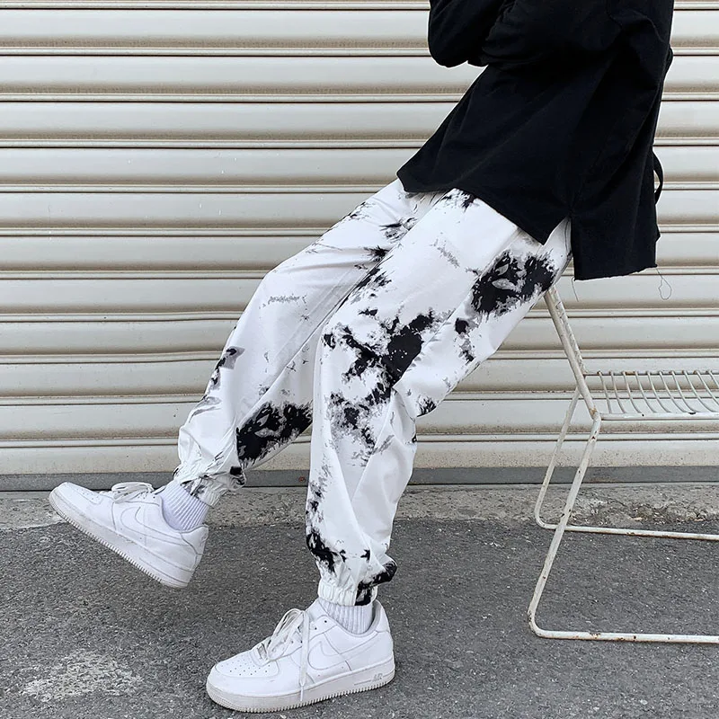 Men Casual Pants Ankle Length Joggers Tie-dye Printed Wide Leg Summer Thin All-match Male Streetwear Harajuku Korean Stylish Ins