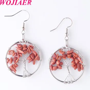 

Tree of Life Drop Earrings Round Natural Chip Gem Stone Golden Sands Dangle Hook Earring Women Jewelry WOJIAER PR8057