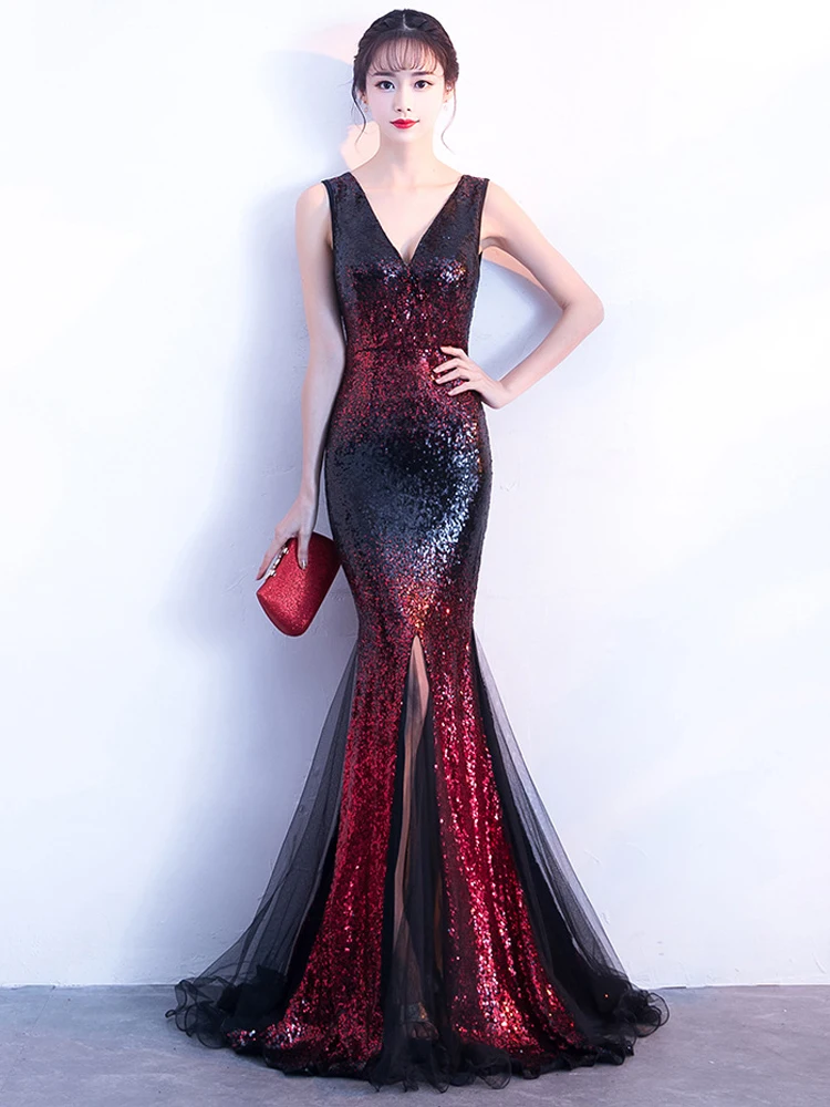 

Sleeveless V-neck Evening Dress Black-Burgundy Mermaid Formal Party Dresses Shinning Sequins Floor-length Prom Gowns Backless