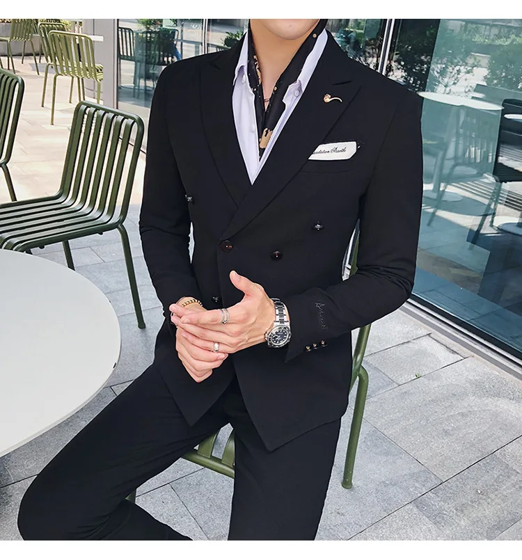 Куртка+ брюки) High-end вышивка одноцветная мужские, повседневные, деловые двубортный костюм 2 предмета в комплекте жениха, свадебное платье, смокинг