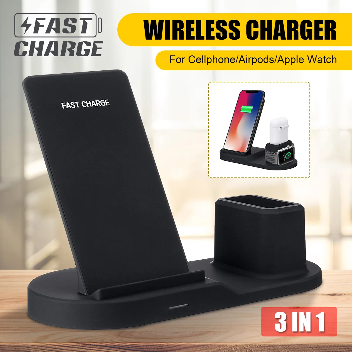 

3in1 10W Qi Wireless Charger ForAirPods Dock Station Fast Charging for Apple Watch 1 2 3 4 For iPhone XR XS Max For Samsung S9