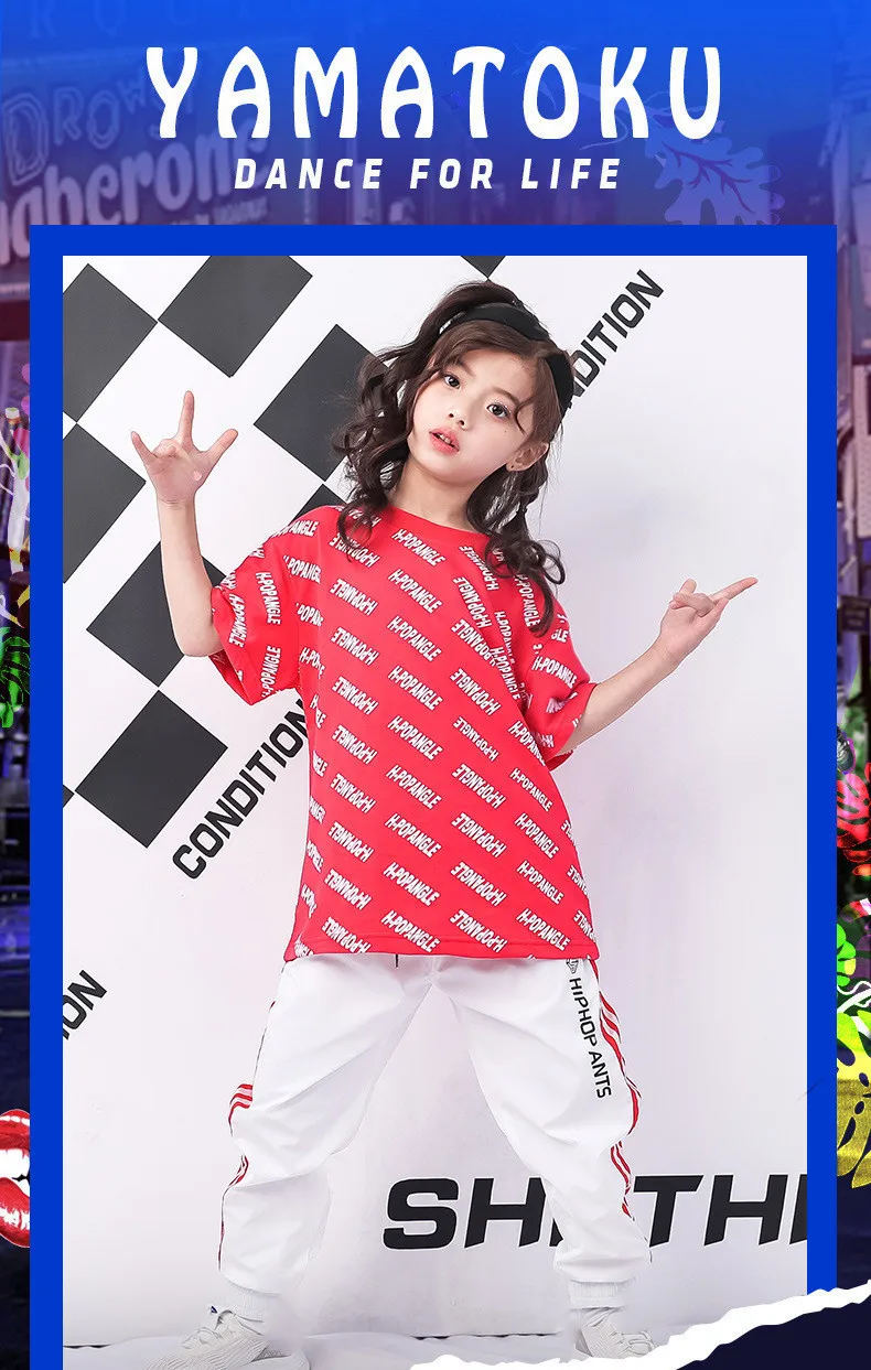 Children's Jazz Costumes New Hip-Hop Set Summer Girls Short-Sleeved Print shirt Pants Suit Kids Catwalk Show Performance Clothes (2)