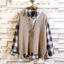 Осенний жилет свитер мужской модный контрастный цвет Повседневный v-образный вырез мужской пуловер дикий свободный свитер жилет мужская одежда M-5XL