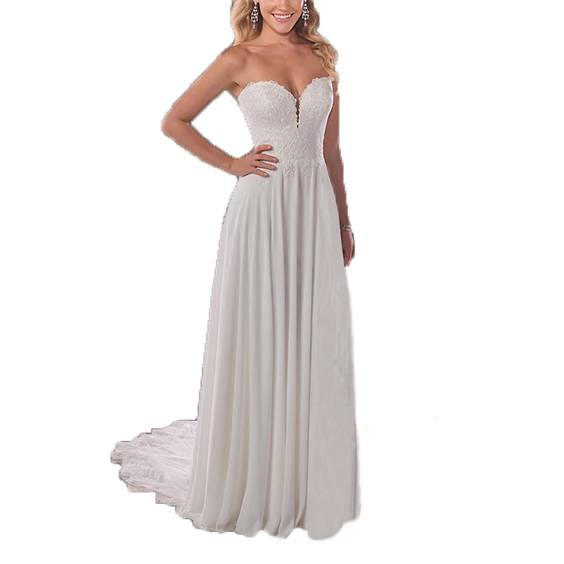 

Beach Wedding Dresses Sleeveless Chiffon Long Bridal Dresses 2019 A Line Sweetheart Sexy Low Back Vestidos de Novia