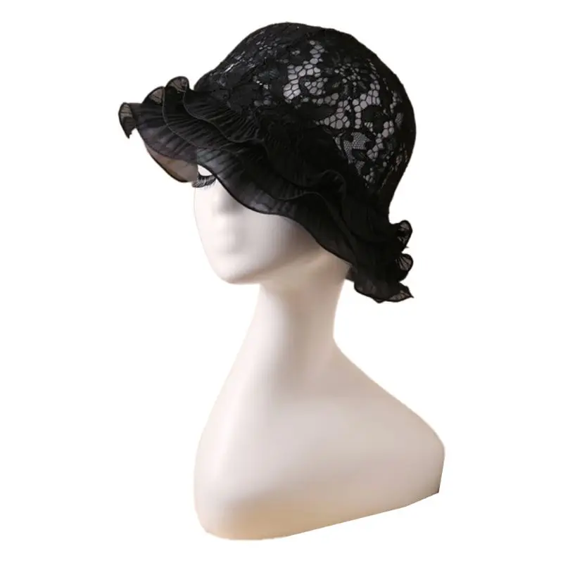 

Women Summer Hollow Out Floral Lace Bucket Hat Layered Ruffles Patchwork Short Brimmed Lolita Cosplay Elegant Fisherman Cap