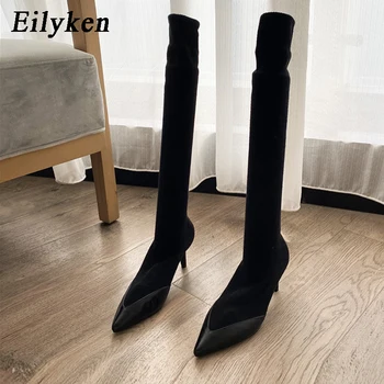 

Eilyken Sexy Nightclub Knitting Stretch Fabric Sock Boots Pointed Toe Over-the-Knee Autumn Winter Shoes Women Slip-On Low Heels