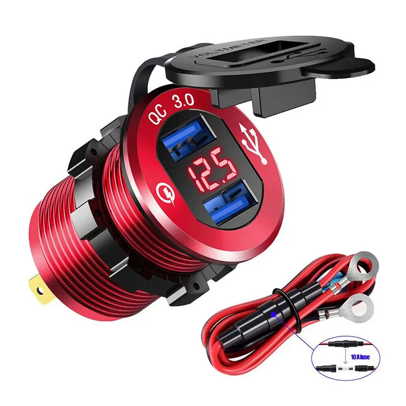 

Car Socket Dual USB Port Charger Voltmeter Phone QC3.0 Fast Charging Waterproof Universal Mobile Phone Truck Charger