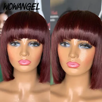 

Wowangel Straight 99J Burgundy 150% Density Short Bob Human Hair Wigs 13X6 Lace Frontal Wig With Bangs Bleached Knots Hair Wigs
