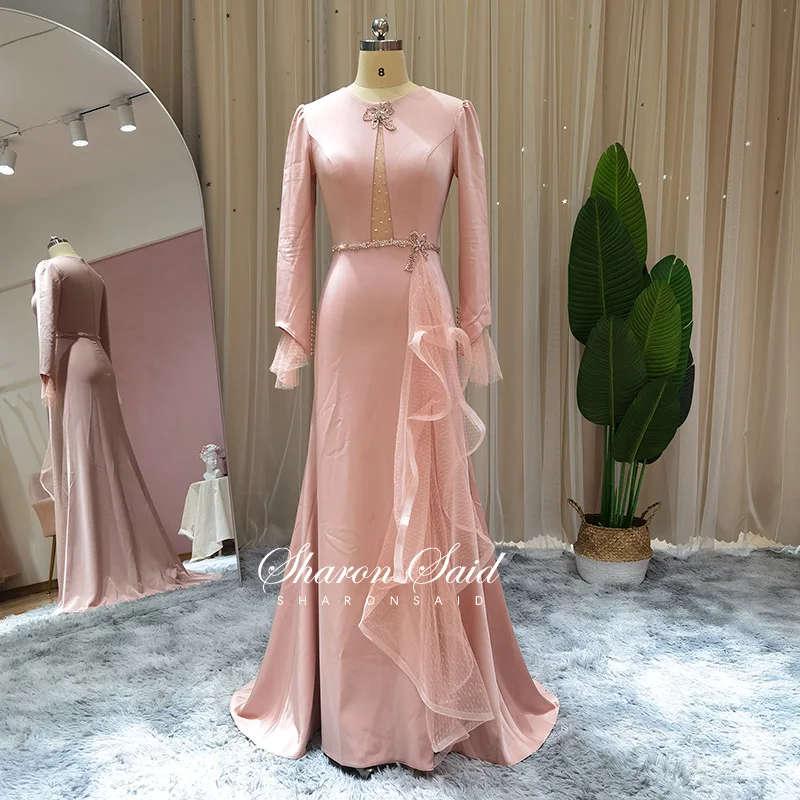 Blush Pink Long Sleeve Muslim Evening Dresses Luxury Beaded Dubai Women
