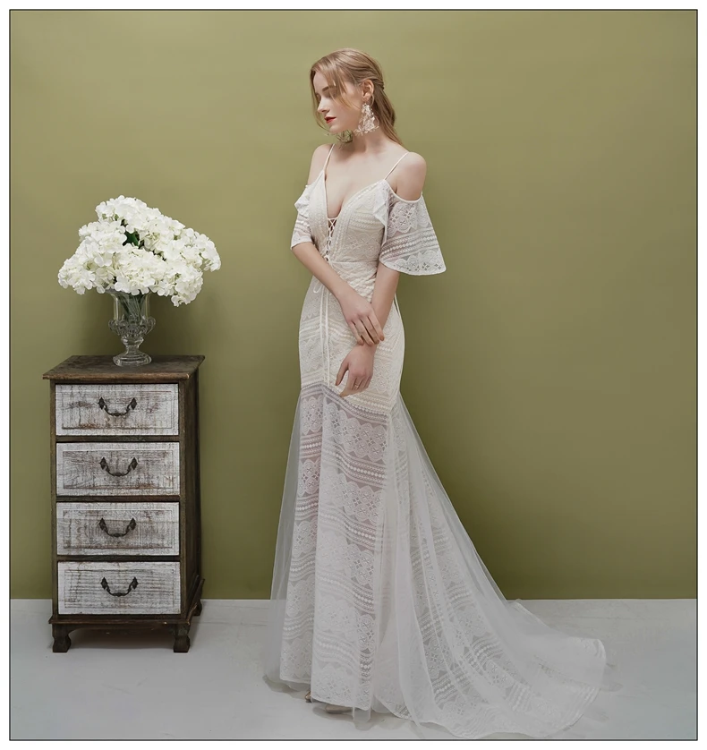 

New Arrival Sexy White Evening Dresses Long 2019 Lace Mermaid Short Sleeve Formal Occasion Party Women Bridal Prom Dresses