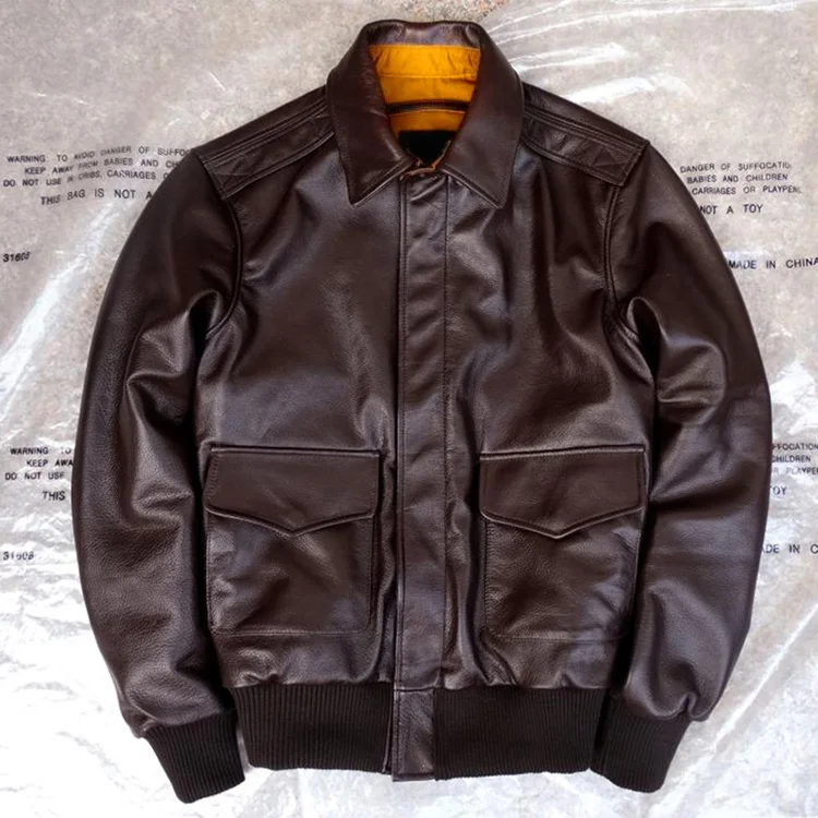 Men’s Genuine Leather Jacket Military Pilot Jackets Air Force Flight A2 Jacket Black Brown 100% Calf Skin Coat Cowhide Clothes men's genuine leather blazers