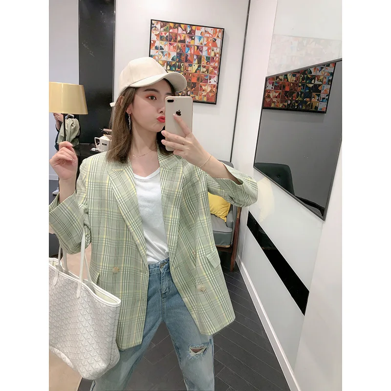 

2019 Autumn New Style French Retro Fashion Fold-down Collar Loose-Fit Casual Mixed Colors Plaid Suit Jacket Tops Women's