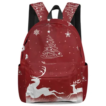 

Reindeer Christmas-Themed Red Background Backpack Interior Key Chain Holder Luxury Backpack Arcuate Shoulder Strap