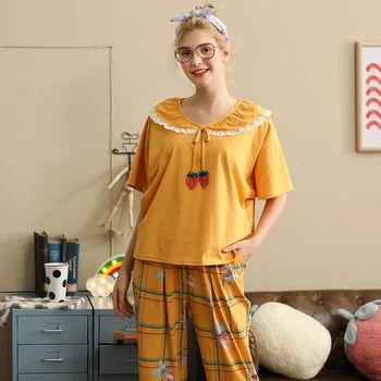 

New Style Women Girl Fake Strawberries Bow Lace Up Doll Collar Top And Striped Strawberry Cropped Pants Pajamas Sets Homewear