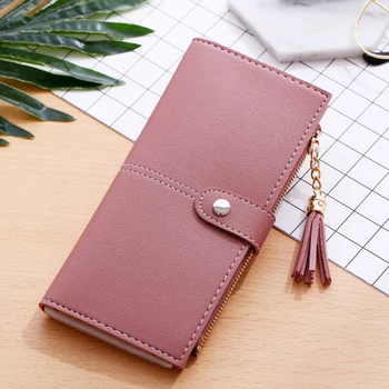 

Wallet For Credit Cards Women Long PU Leather Wallet Buckle Tassel Multi-card Zipper Wallet