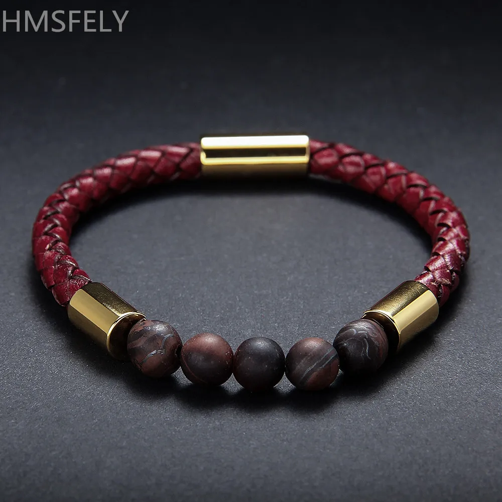 Винтажный Красный браслет HMSFELY из натуральной кожи натуральный матовый камень