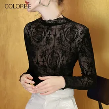 Сексуальные черные кружевные блузки для женщин, Осень-зима, облегающие Блузы с длинным рукавом, элегантное нижнее белье