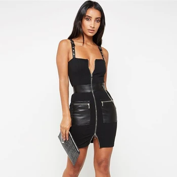 

MASSRY 2019 autumn winter women sexy metal chain clothes adjustable buckle strap PU pocket patchwork zipper bodycon mini dress