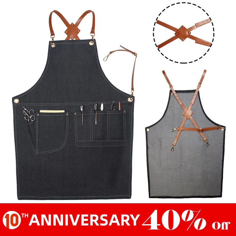 UNTIOR Denim Apron Fashion Cooking Kitchen Chef Waiter Cafe Shop BBQ Hairdresser Removable Denim Tools Apron For Woman Men