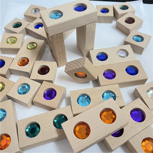 128pcs Wooden Gem Blocks Rainbow Stacking Toys Natural Wood Blocks Kids Creative Game Blocks Educational Toys for Children 4