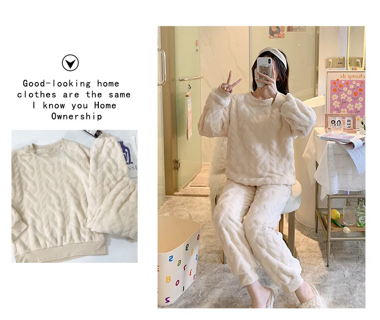 Korean Autumn Winter Coral Fleece Pajamas For Couples Thick Plus Velvet Flannel Homewear For Men Casual Loose Sleepwear 2PCS Set mens pjs sale