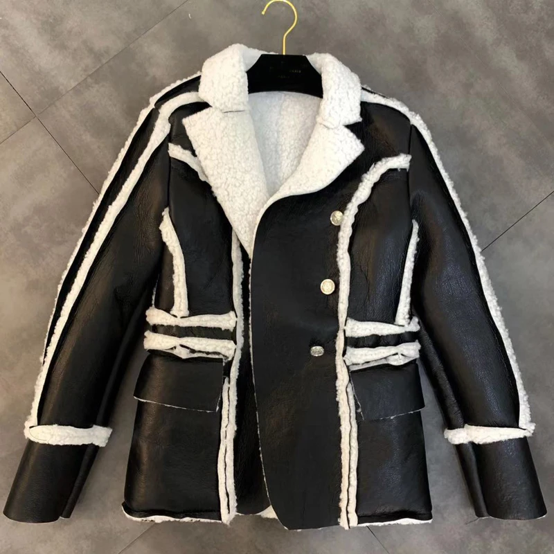 Patchwork Fur PU Leather Blazer Jackets Women Lapel Collar Long Sleeve Autumn Coats Female Fashion Tide veste cuir femme