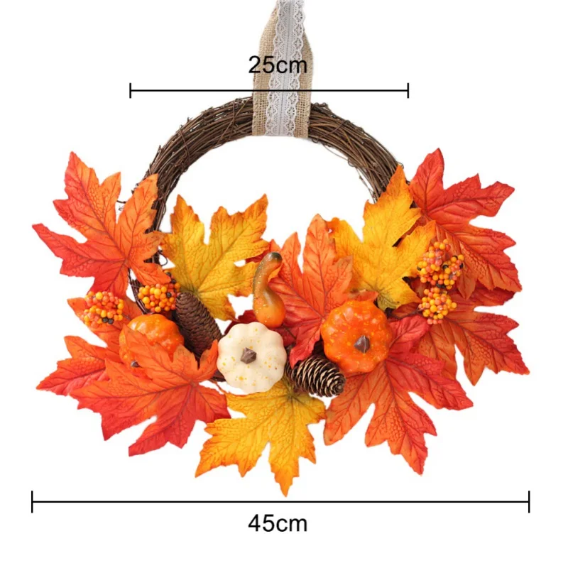 Fall Maple Leaves Pumpkin Wreath Artificial Garland For Front Door Holiday Halloween Fall Harvest Decor
