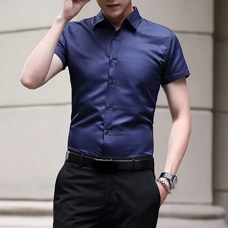 Весенняя рубашка с длинным рукавом и отложным воротником, мужская рубашка, приталенная однотонная деловая рубашка Camisa Masculina, мужские топы, официальная сорочка Homme