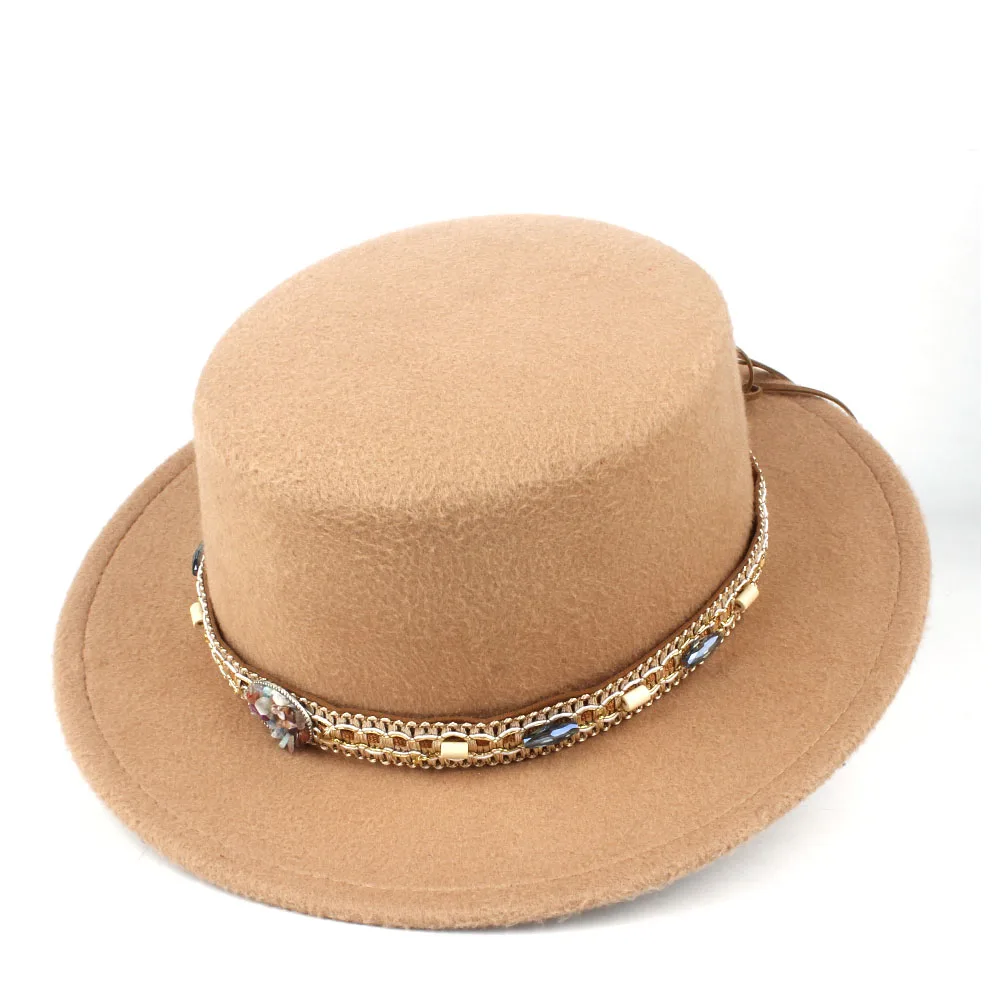 Khaki Шерстяная Мужская и Женская Шляпа Fedora с плоским верхом, пояс в стиле ретро, шерсть мягкая фетровая шляпа Панама джазовая, шляпа, размер 56-58 см - Цвет: Khaki